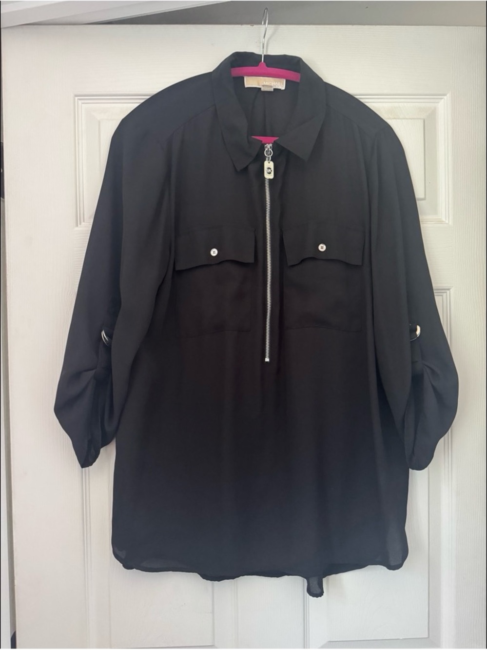 Michael Kors Black Jacket with Silver Zipper and Pink Lining